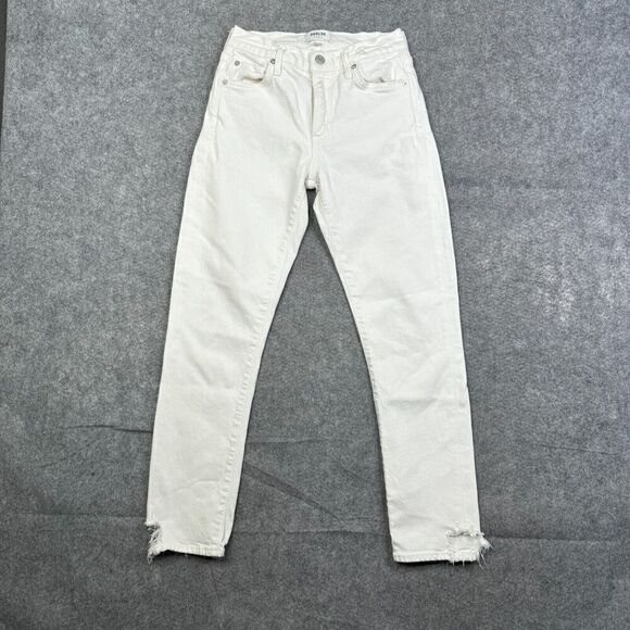 AGOLDE Denim - AGOLDE Toni Mid Rise Straight White Destroyed Hem Denim Jeans Size 25